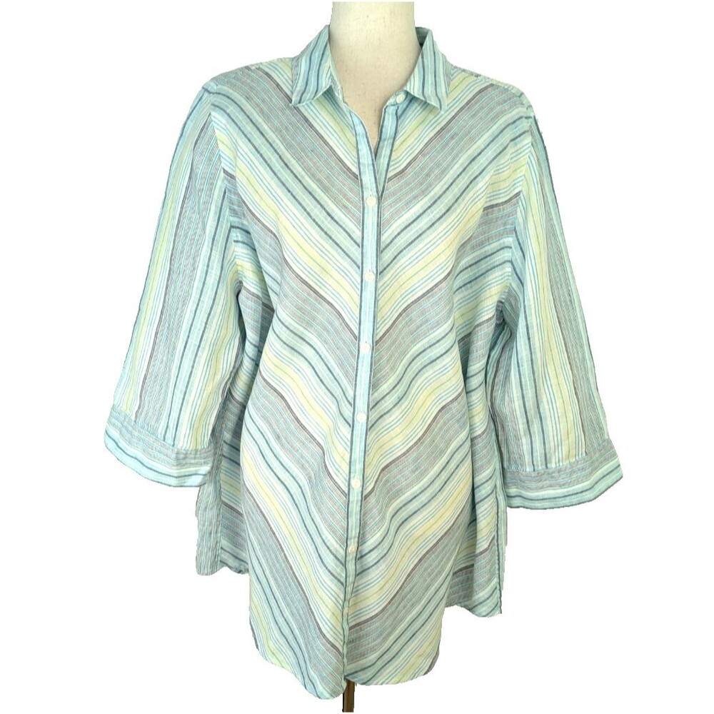 Chico's No Iron 100% Linen Womens 3.5 (16-18) Striped Button Front Shirt Tunic